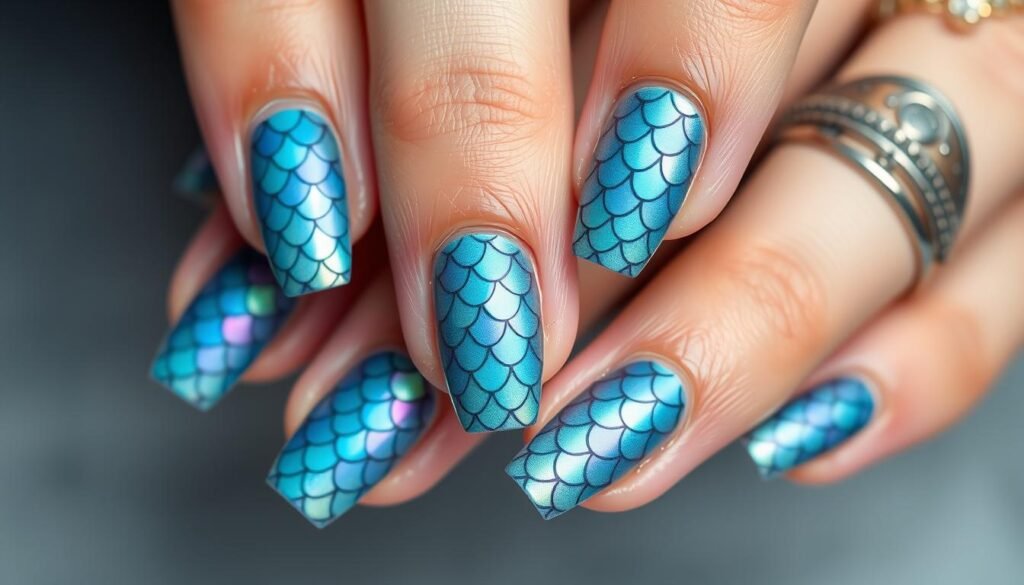 Trendy beach nails with iridescent mermaid-inspired scale patterns in blue and teal