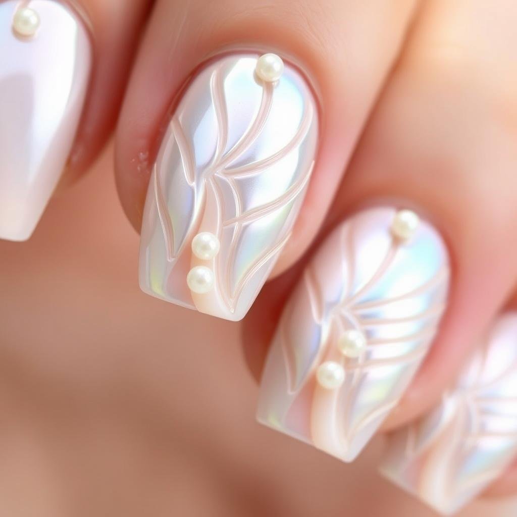 Trendy beach nails with pearlescent shell designs and small pearl embellishments on a nude base