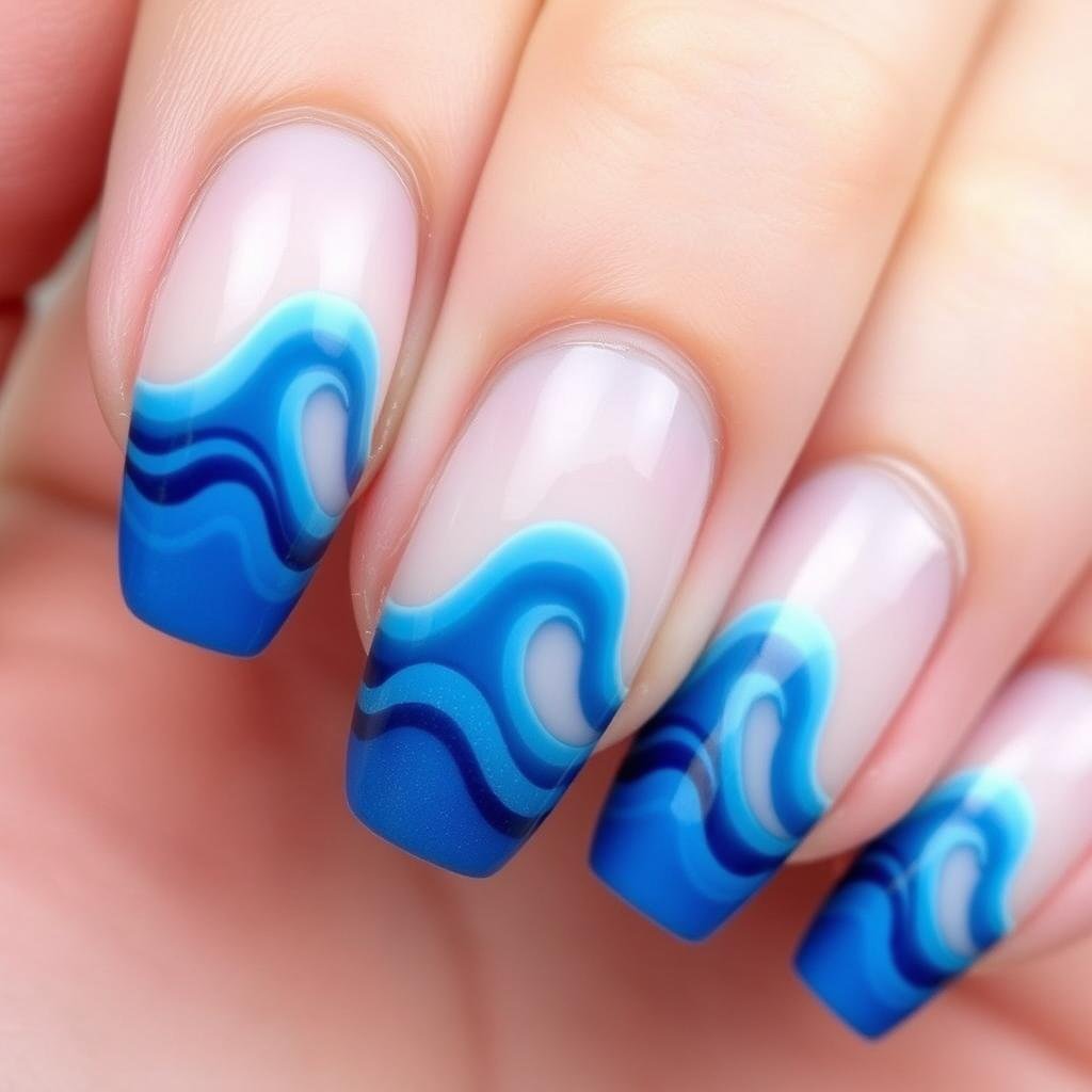 Trendy beach nails with wavy blue French tips mimicking ocean waves
