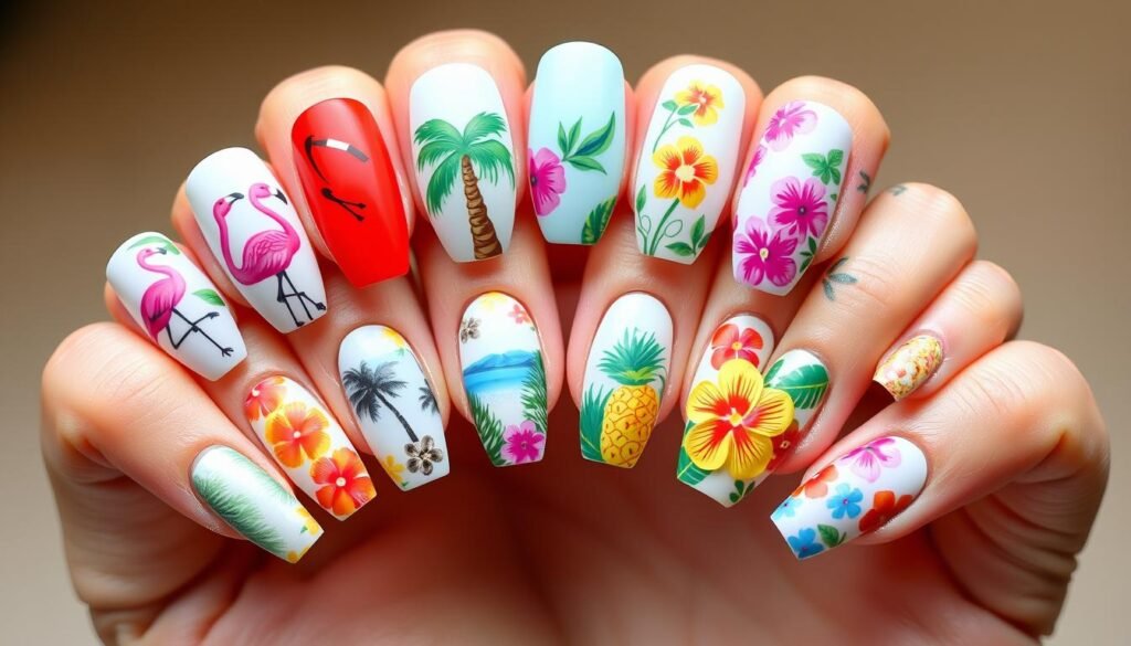 Tropical beach nail ideas collection showing various designs including flamingos, palm trees and fruit motifs