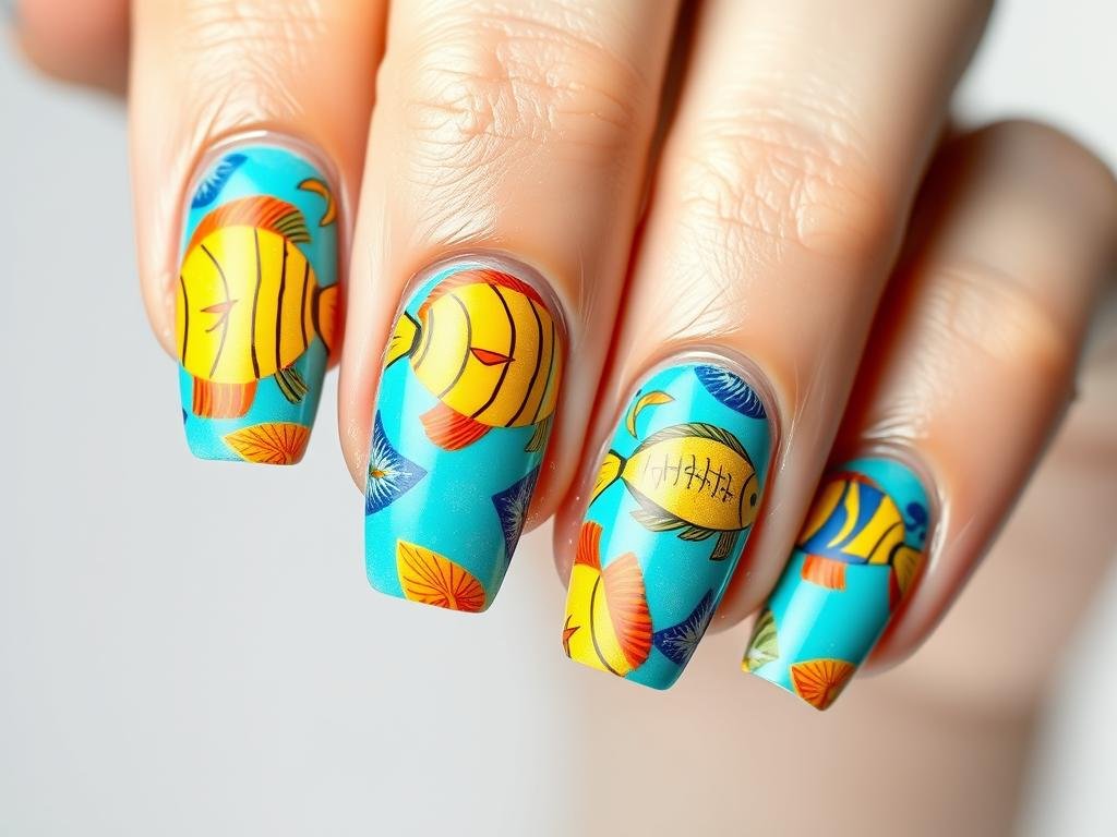 Tropical fish pattern on cute beach nails with aqua background
