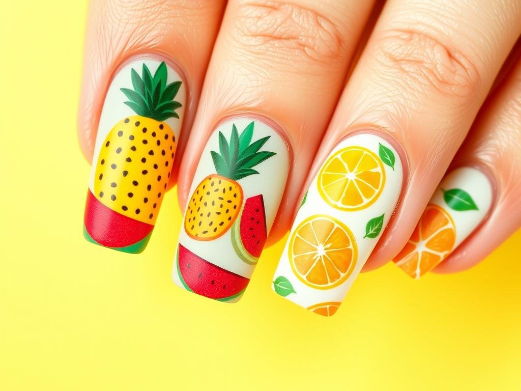 Tropical fruit nail art for beach vacation
