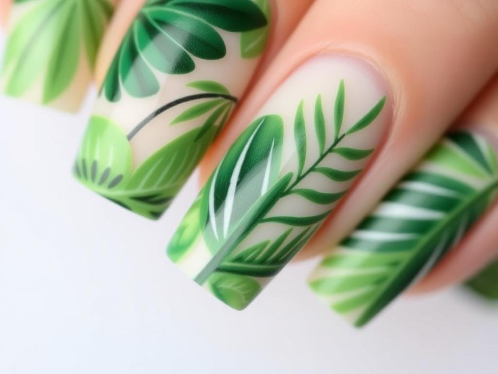 Tropical leaf beach nail designs in green shades