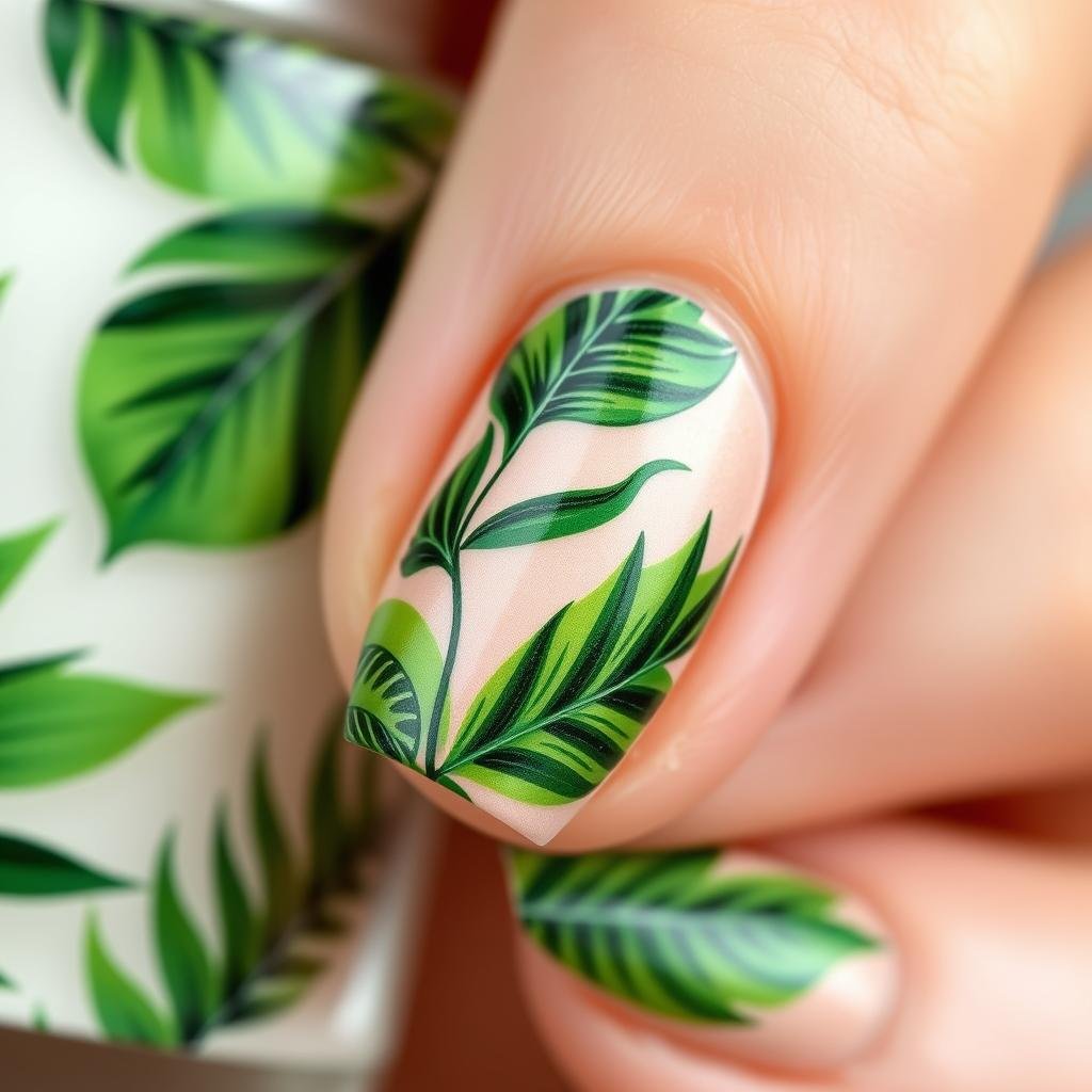 Tropical leaf pattern beach nail art