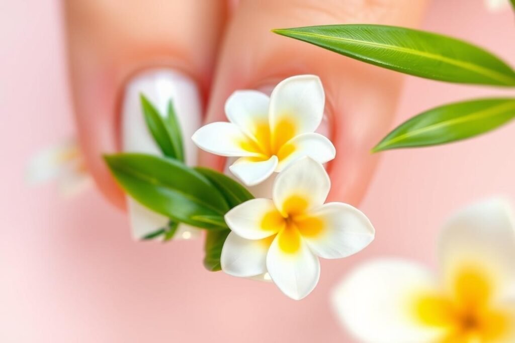 Tropical nail art with plumeria flowers and green leaves for beach nail inspo