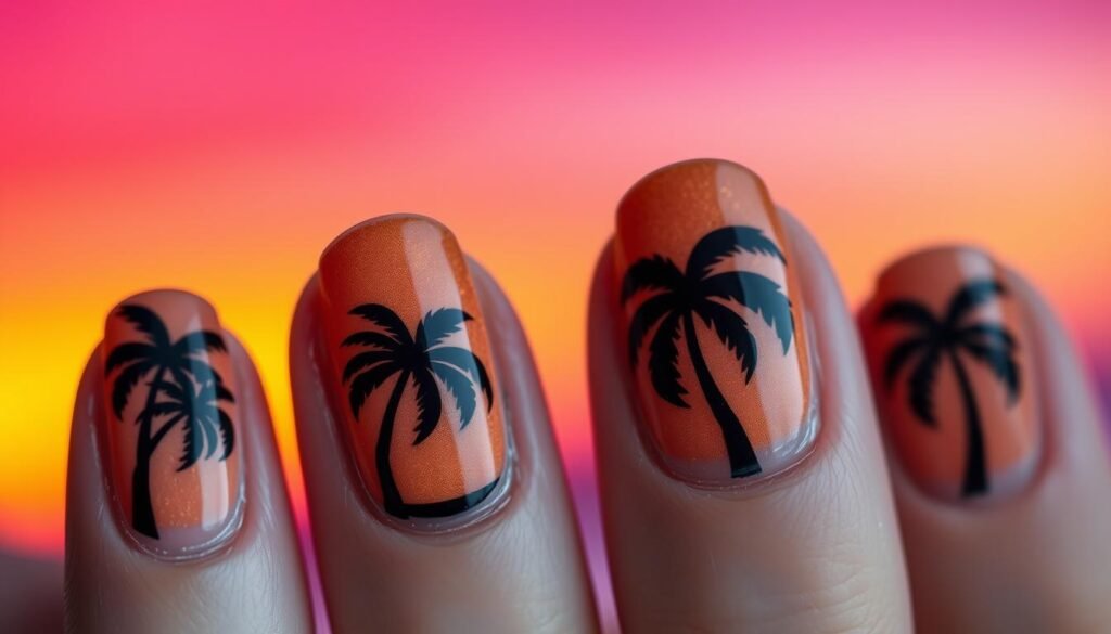 Tropical palm tree silhouette nail art against sunset gradient for beach nail inspo