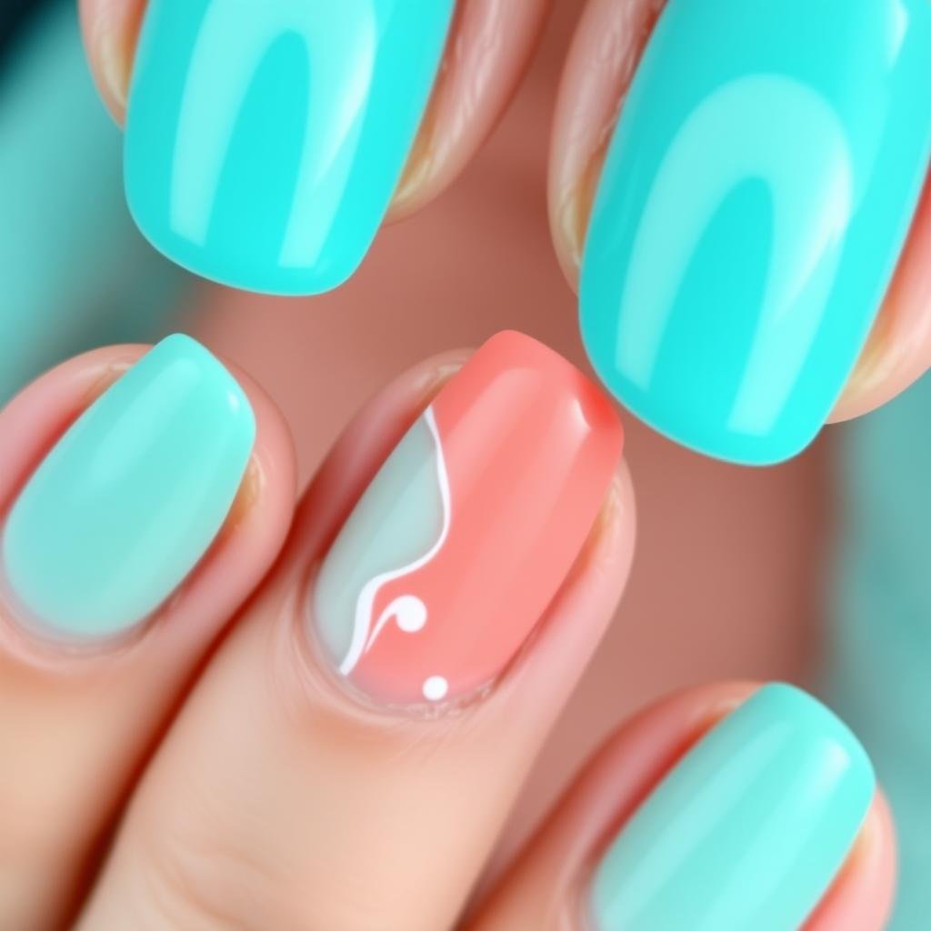 Turquoise and coral nail design for beach vacation