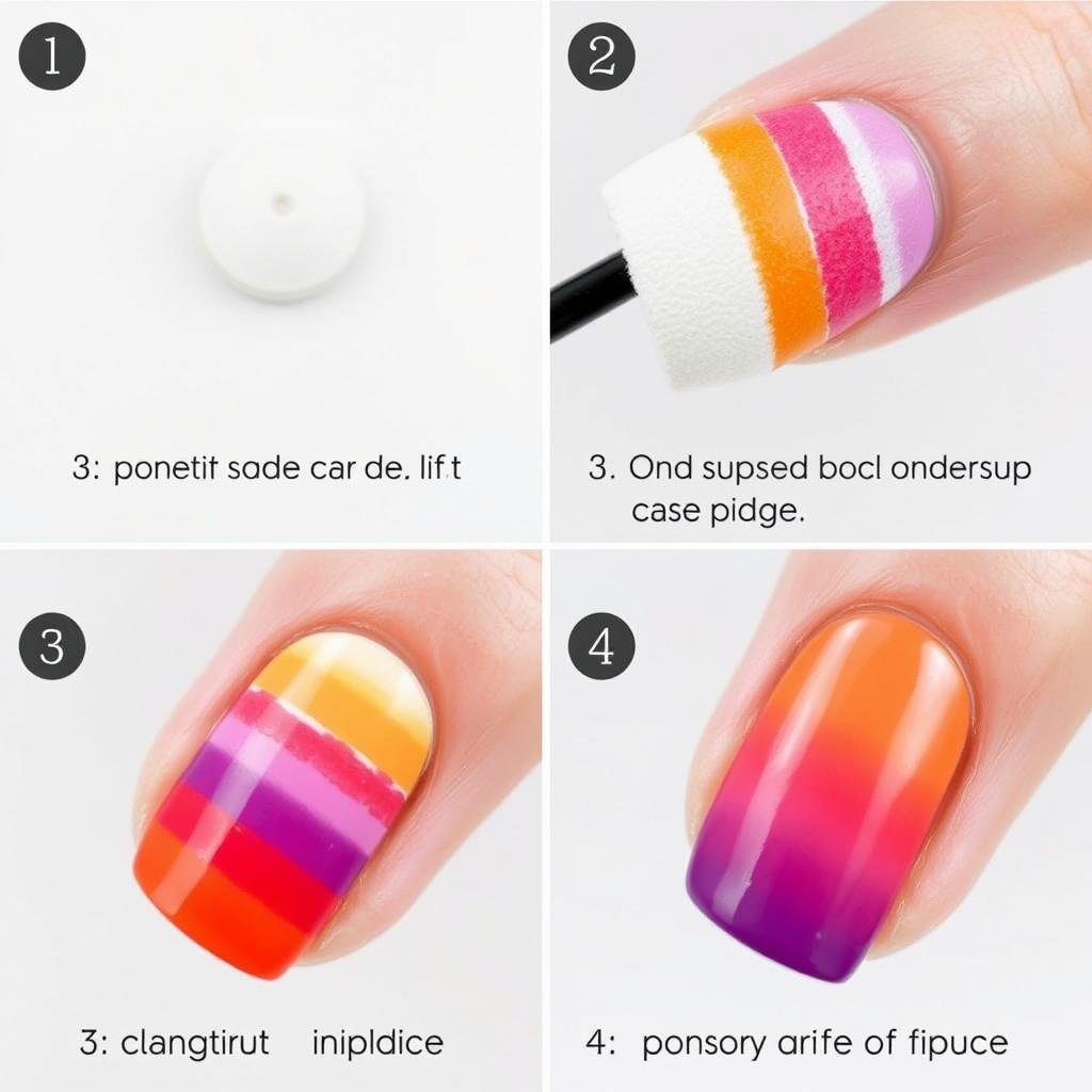 Tutorial demonstrating how to create a sunset gradient effect for trendy beach nails using a makeup sponge