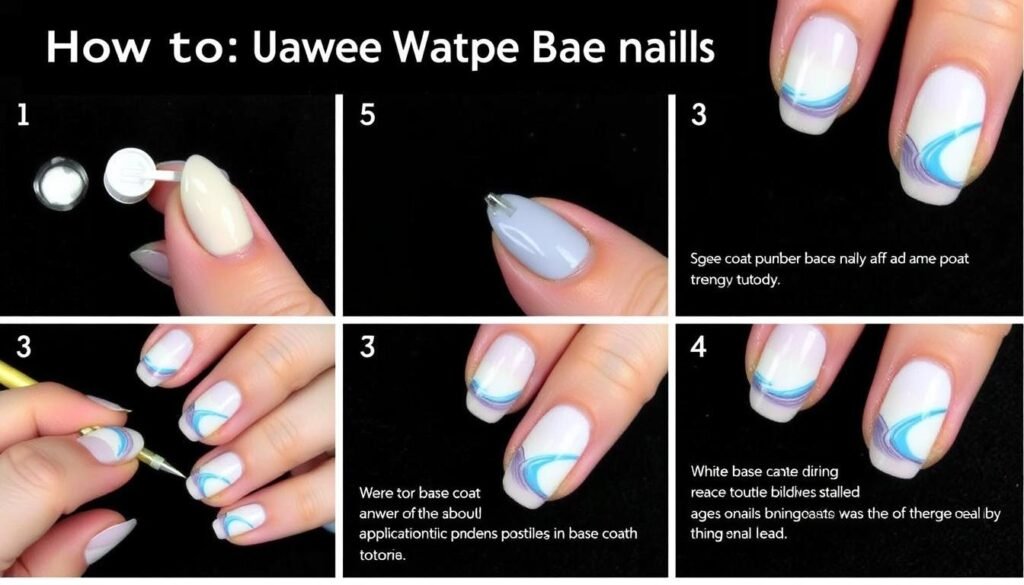 Tutorial showing step-by-step process of creating wave ombre beach nails
