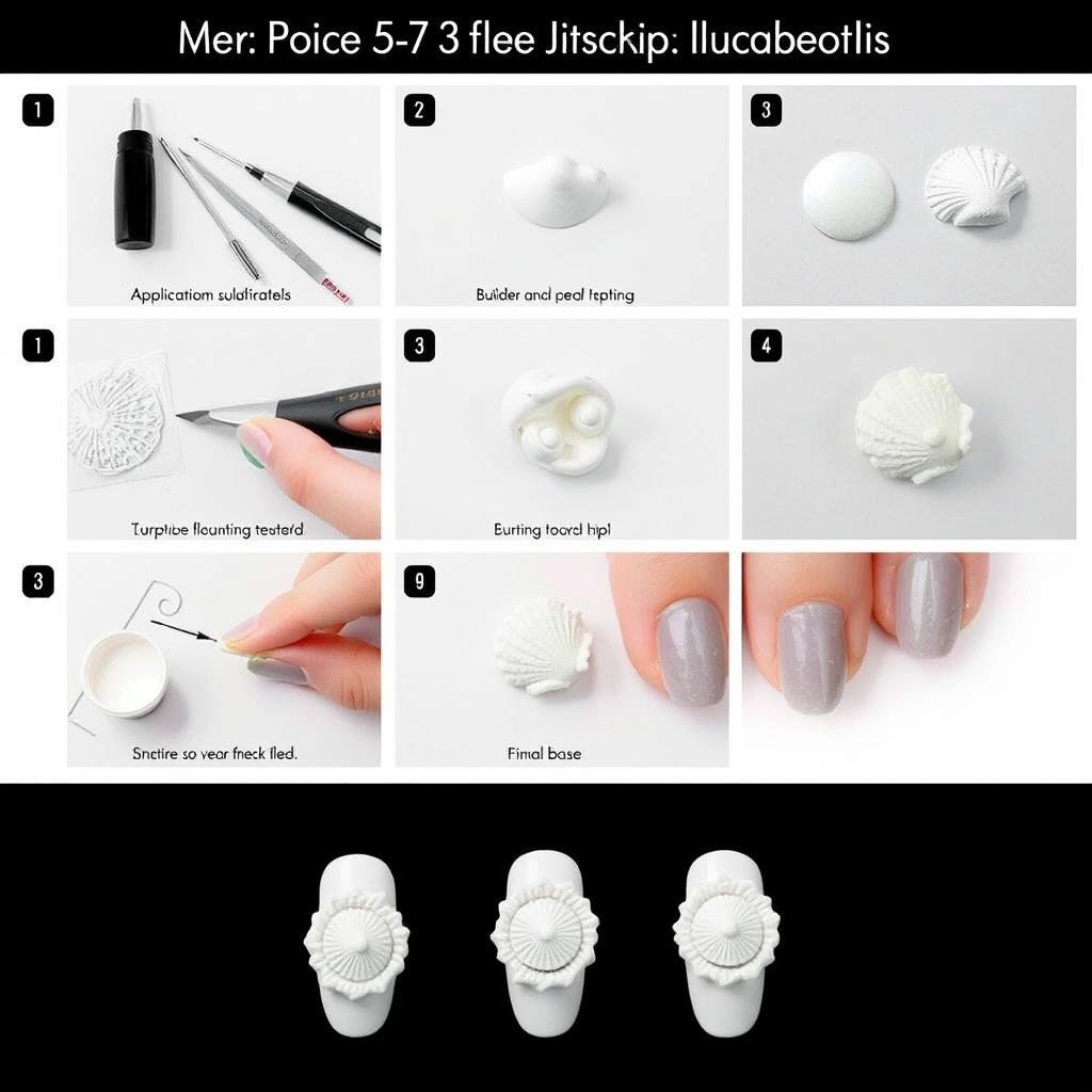 Tutorial showing the process of creating 3D seashell nail art using builder gel on trendy beach nails