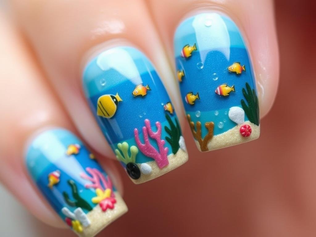 Underwater scene beach nail designs with sea creatures