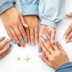 Various beach nail designs featuring ocean waves, seashells, and tropical elements