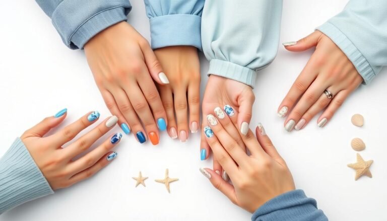 Various beach nail designs featuring ocean waves, seashells, and tropical elements