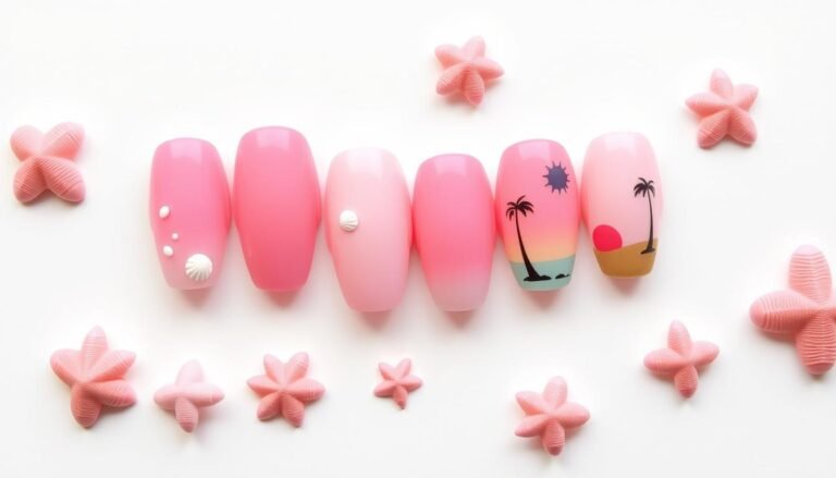 Various pink beach nail designs showcasing different styles from subtle pastels to bright corals with beach-themed accents