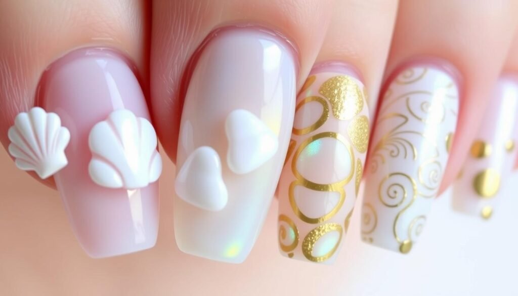 Various seashell beach nail art designs with pearlescent finishes