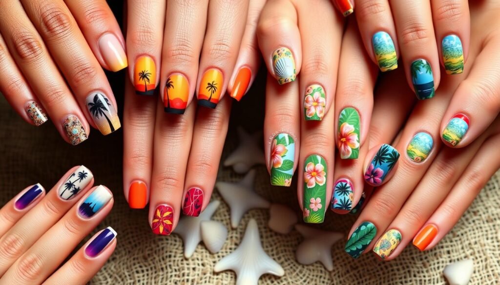 Various tropical beach nail art designs featuring palm trees and flowers
