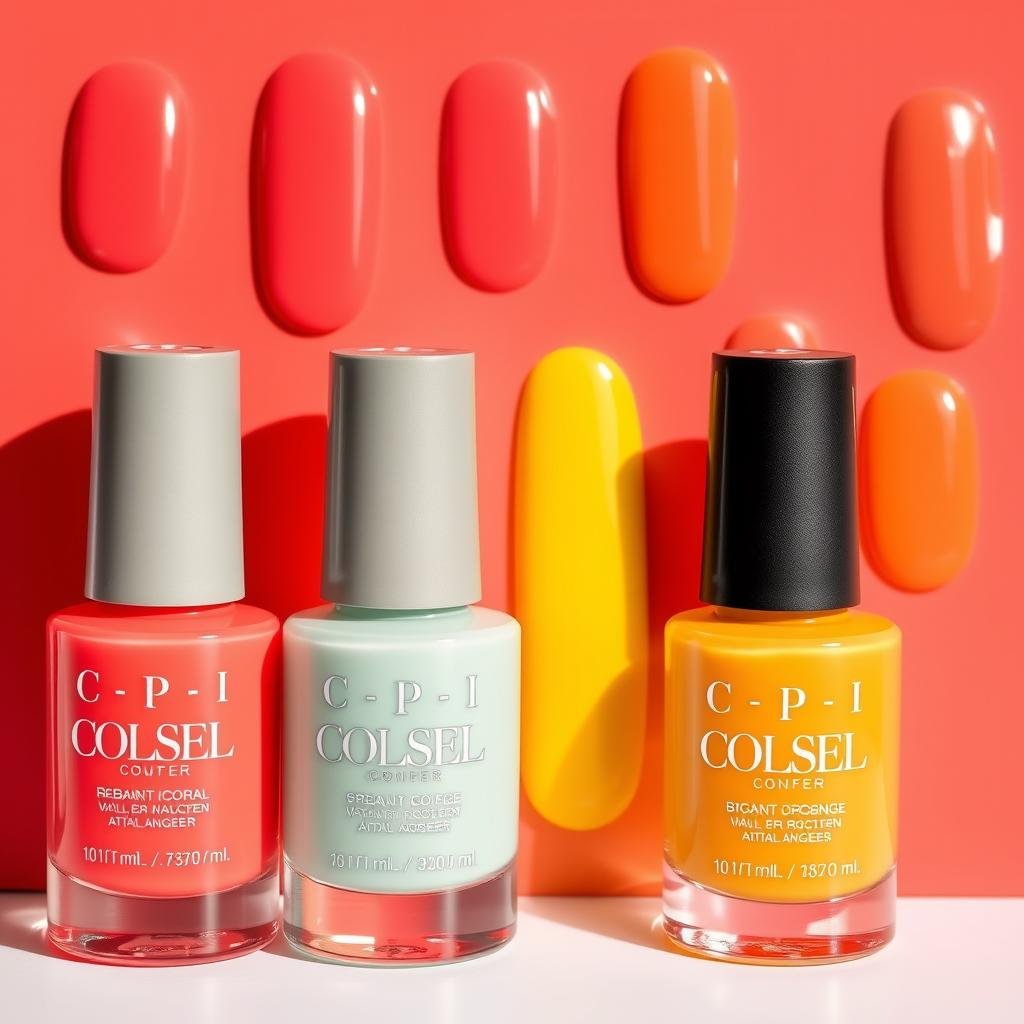 Vibrant coral and sunset-colored nail polishes for beach nail art