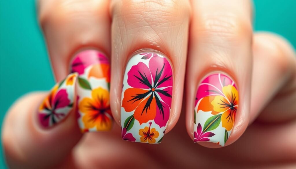 Vibrant hibiscus flower nail art in bright tropical colors for beach nail inspo