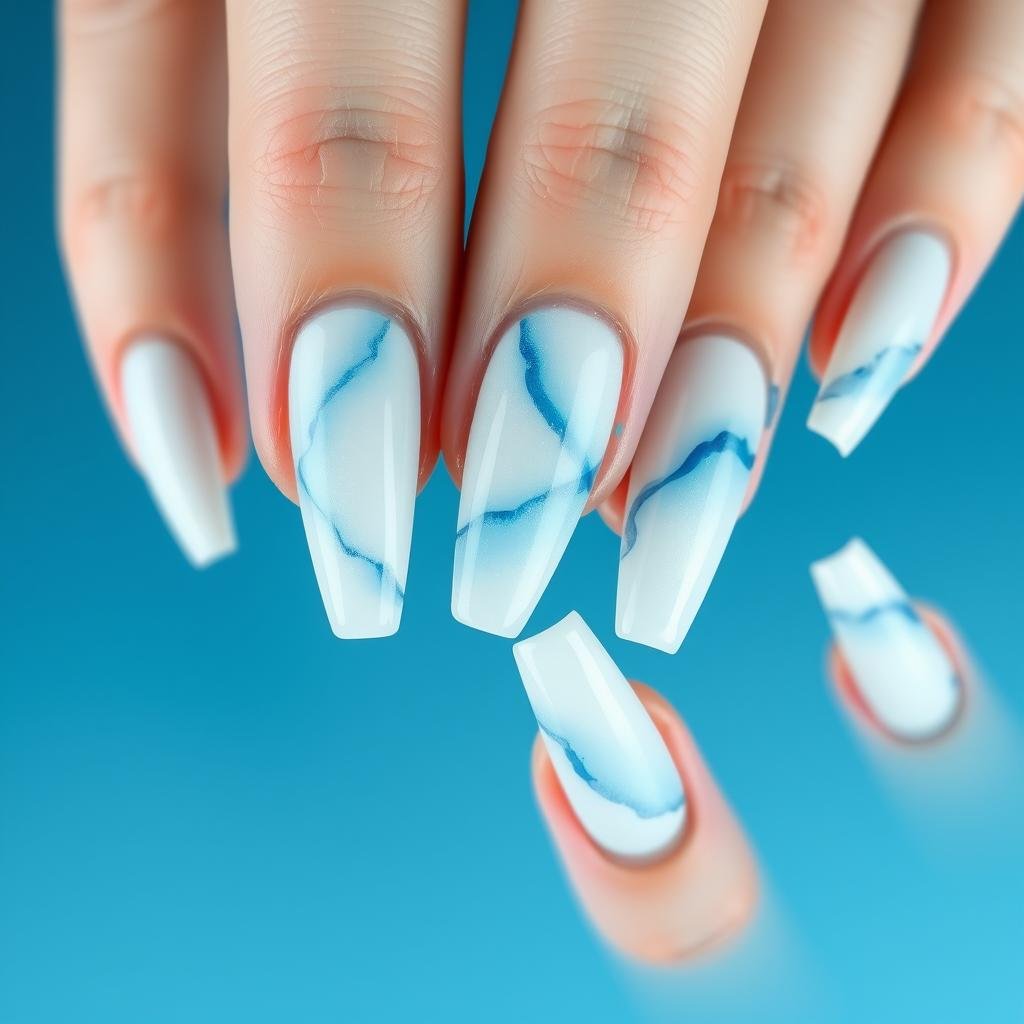White beach nails with blue watercolor effect resembling ocean waves