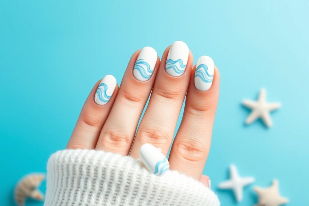 White nails with blue wave designs resembling ocean waves