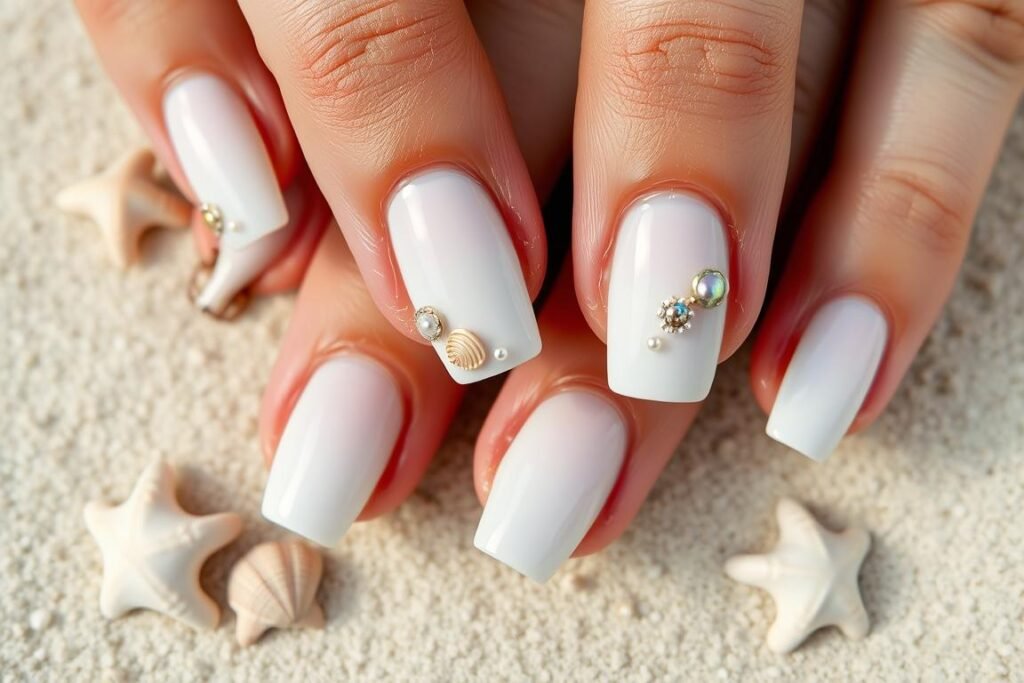 White nails with detailed seashell designs on accent fingers