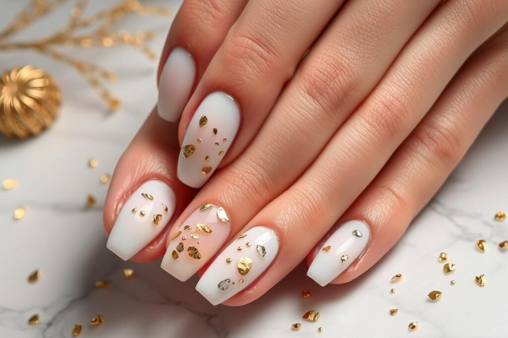 White nails with gold foil accents resembling seashell fragments