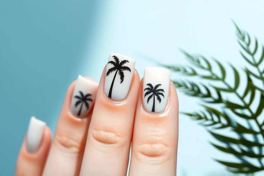 White nails with minimalist black palm tree silhouettes
