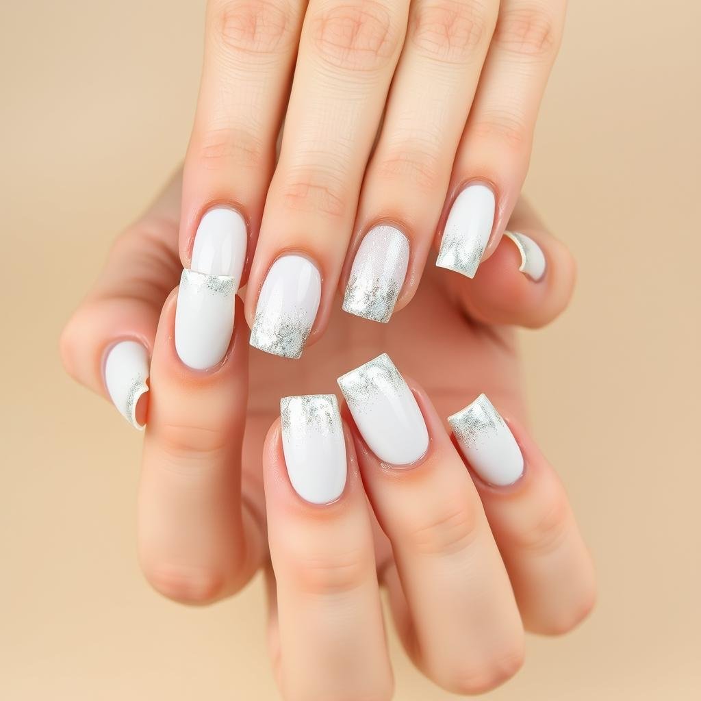 White nails with subtle silver glitter gradient resembling sparkling sand