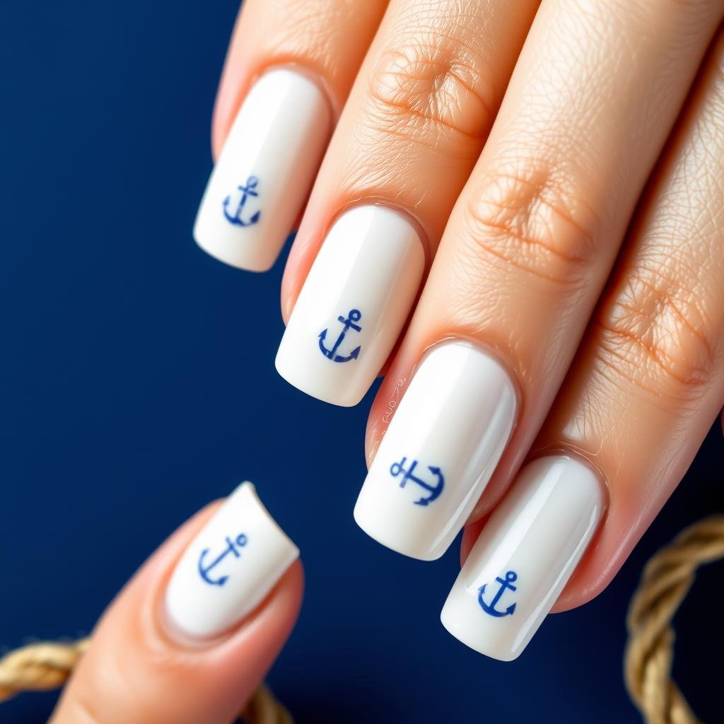 White nails with tiny blue anchors design for beach theme