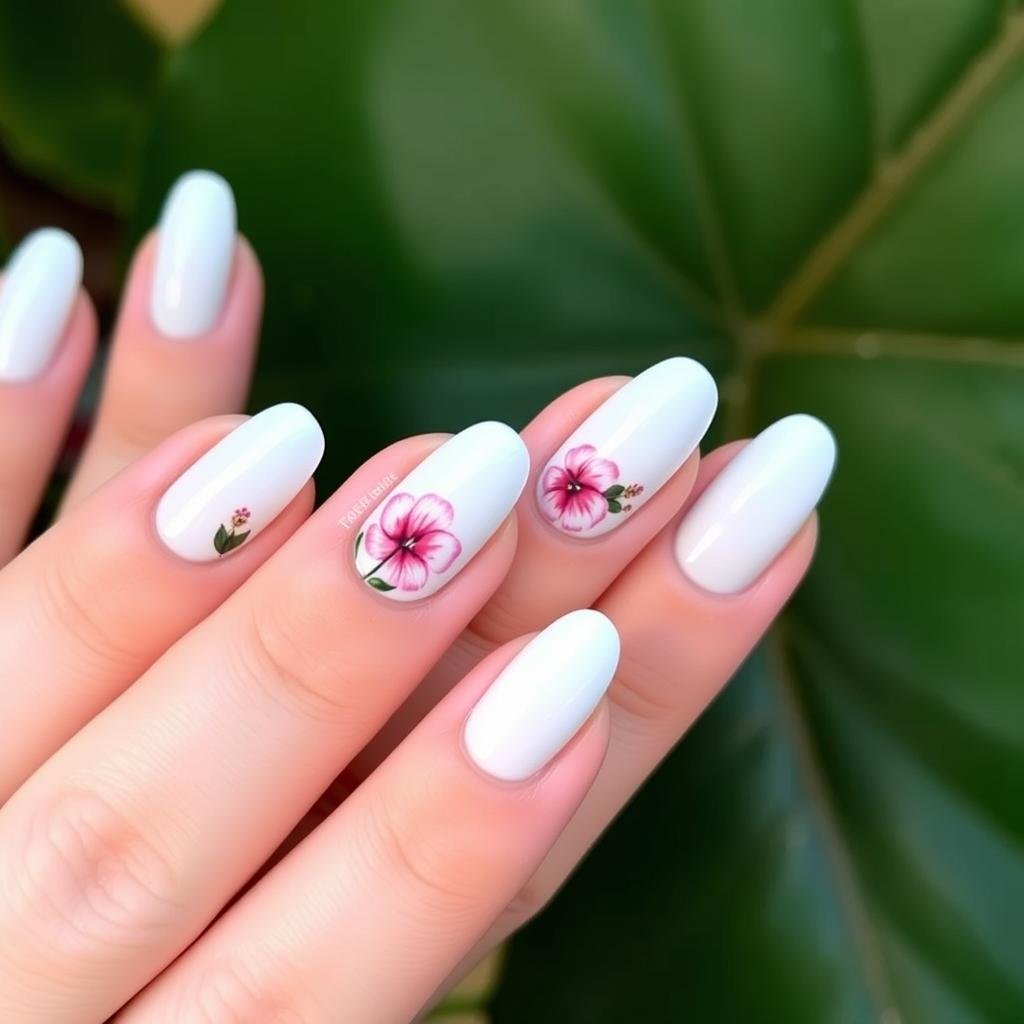 White nails with tropical flower accent design for beach vacation