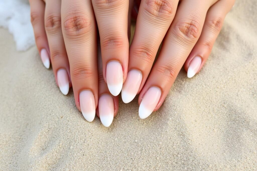 White to beige ombré nails resembling sand meeting water