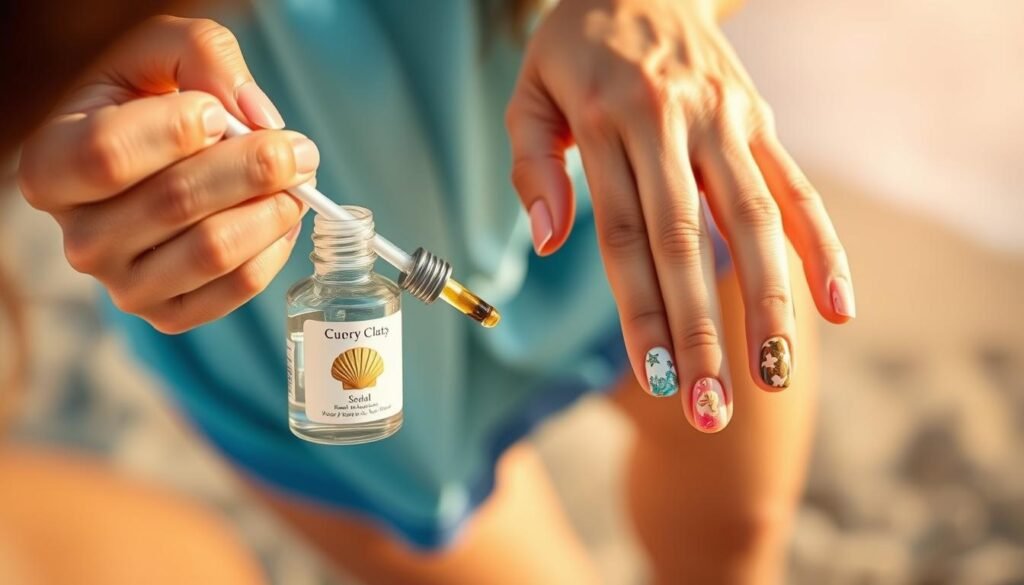 Woman applying cuticle oil to protect beach nails with ocean view in background