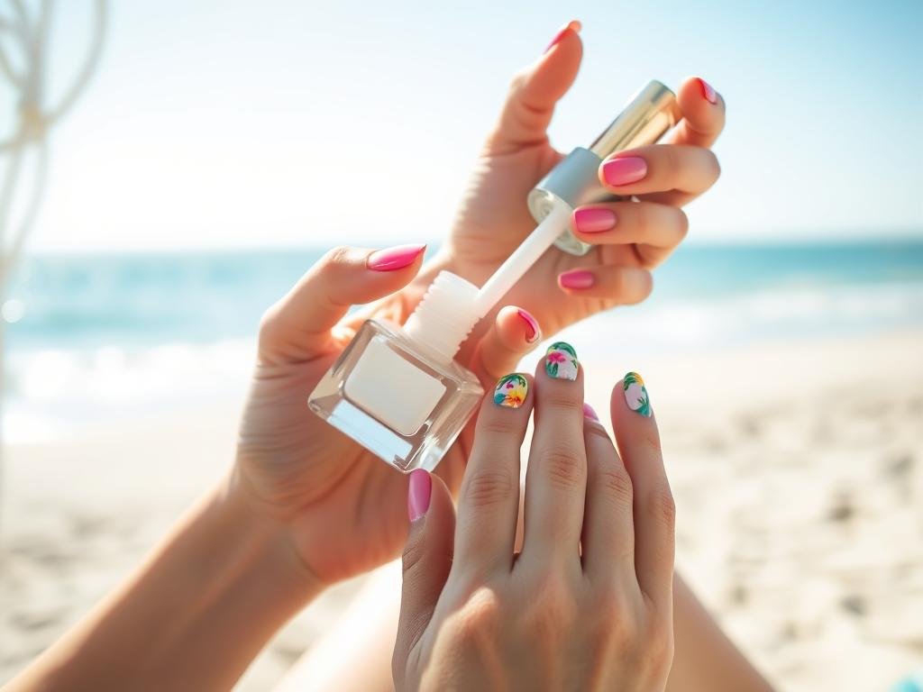 Woman applying protective top coat to beach nail design by the ocean