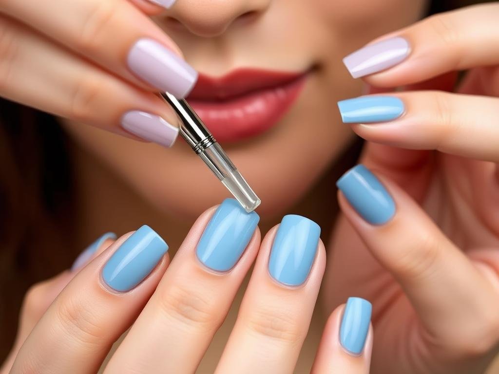 Woman applying top coat to beach-inspired nails