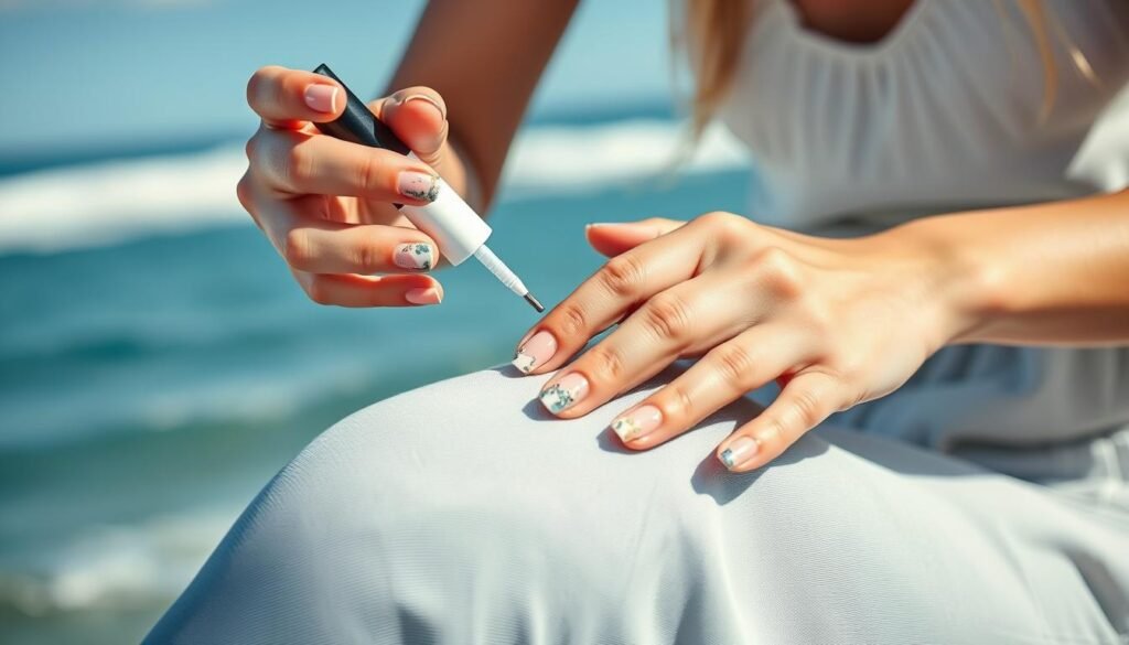 Woman applying top coat to maintain classy beach nails by the ocean