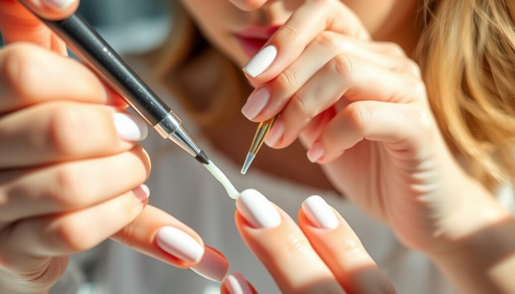 Woman applying top coat to white beach nails with professional technique