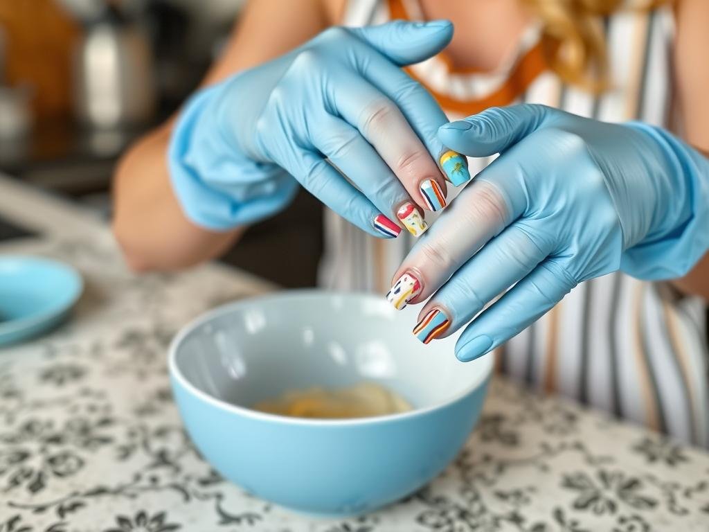 Woman wearing gloves while doing dishes to protect beach nail designs