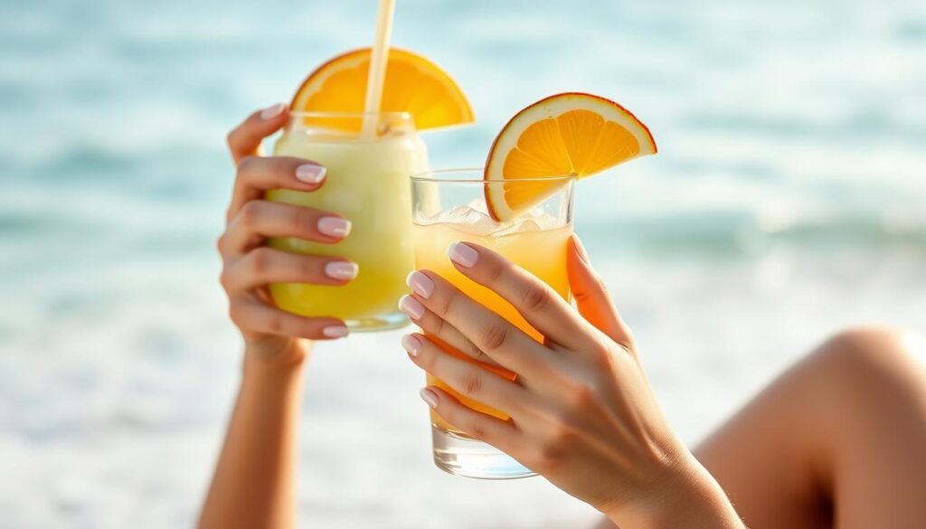 Woman with simple beach nails relaxing by the ocean