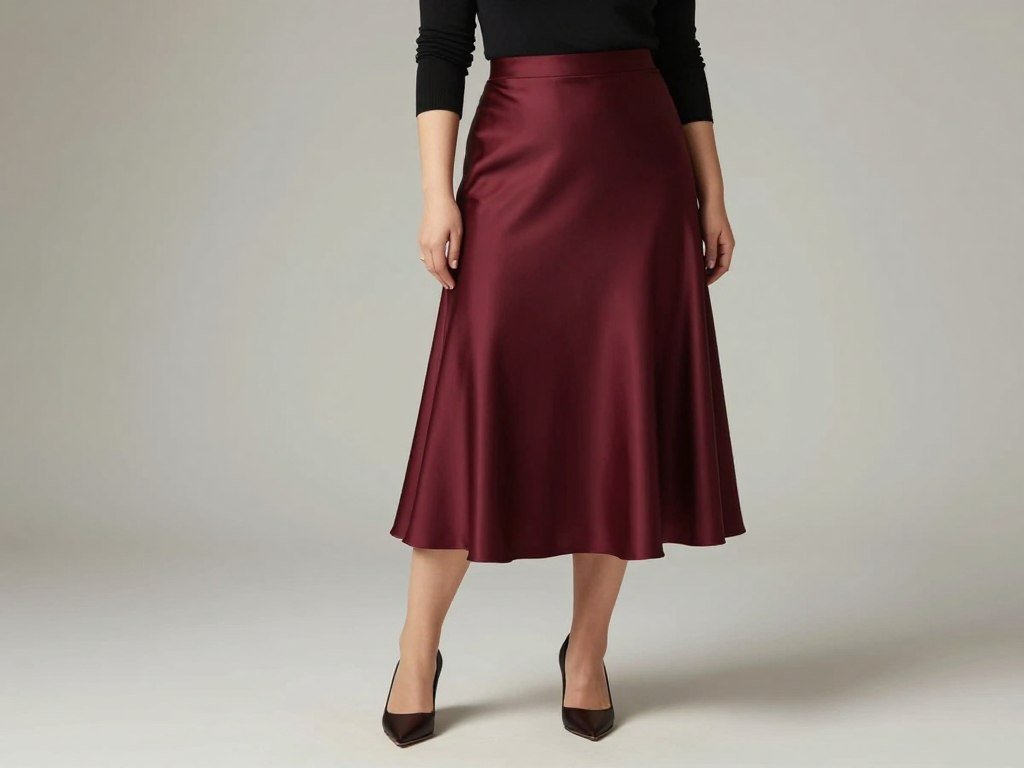 A-line burgundy satin skirt styled for pear-shaped figure with fitted black top