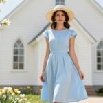 A woman in an elegant Easter outfit standing outside a church on a sunny spring day