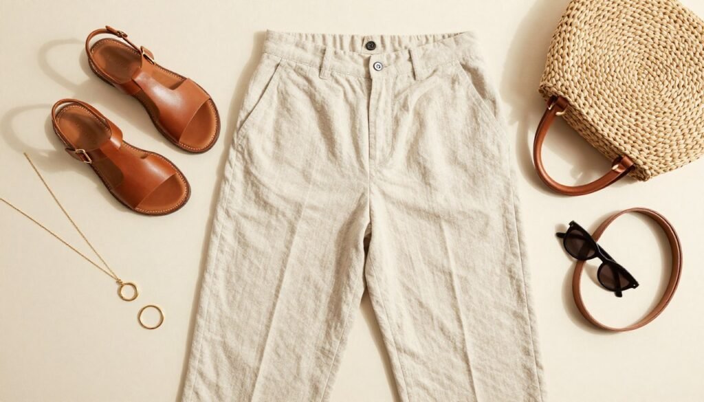 Accessories flat lay for beige linen pants