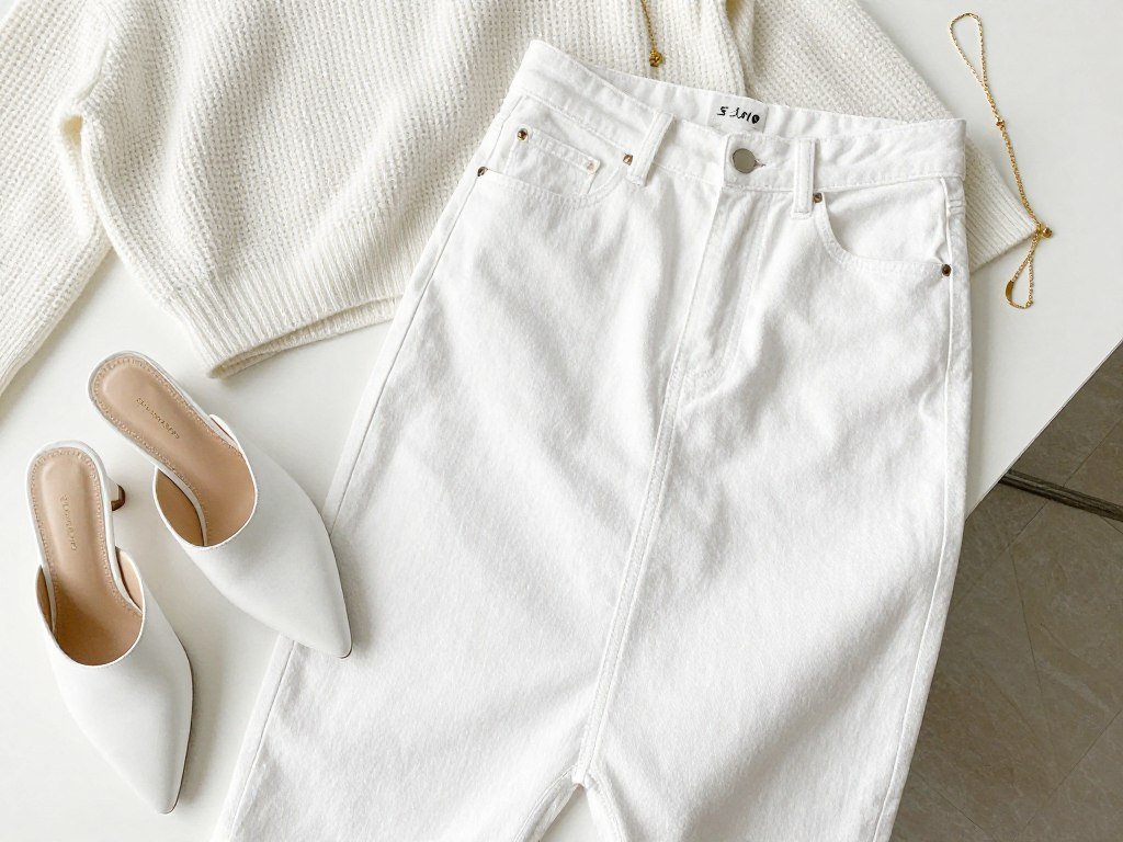 All-white outfit with white denim skirt and textured white sweater