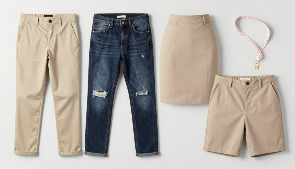 Assortment of school-appropriate bottoms including chinos, dark jeans, and knee-length skirts