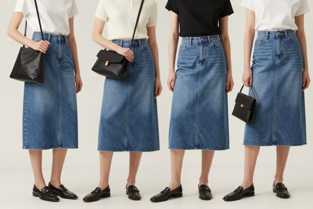 Bag options to complement midi jean skirt outfits