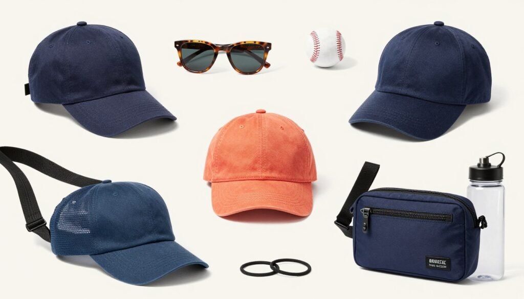 Baseball game accessories including caps, sunglasses, and crossbody bags