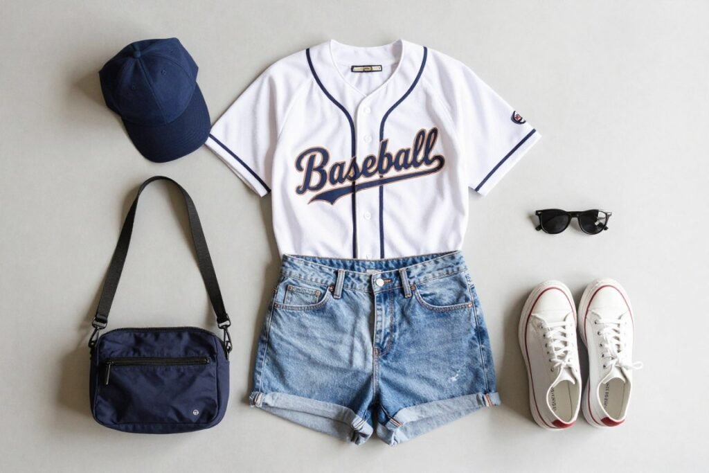 Baseball game outfit essentials laid flat including jersey, cap, jeans, and accessories