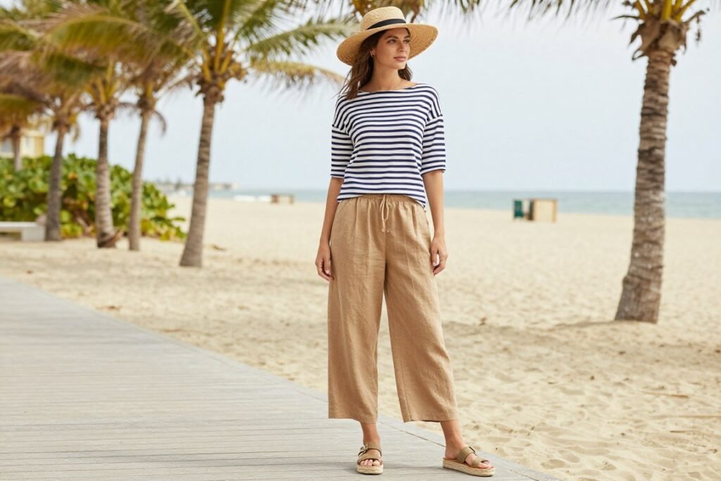 Beach vacation outfit with tan linen pants and striped top