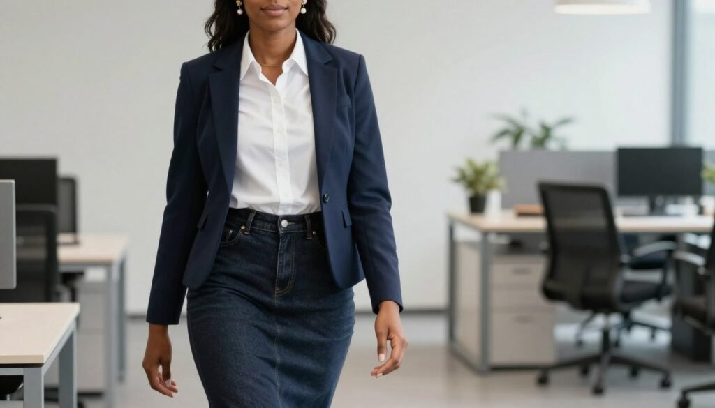 Black businesswoman wearing a dark wash pencil jean skirt with a blazer in an office setting