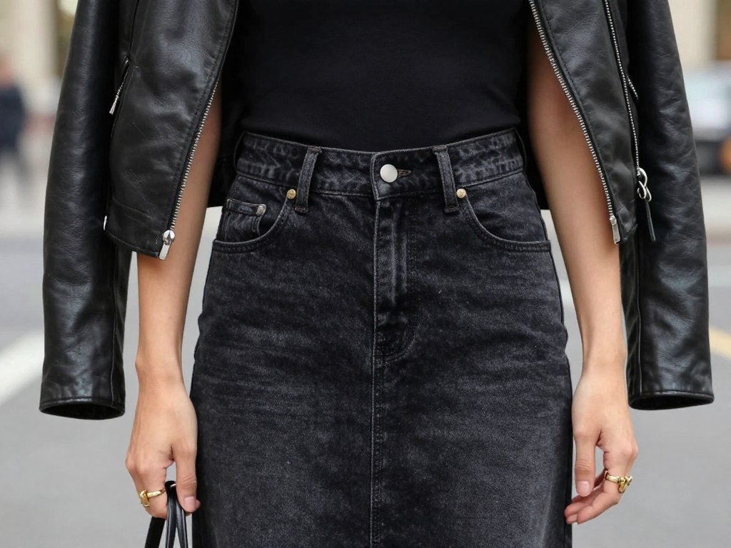 Black denim maxi skirt styled with fitted top and jacket