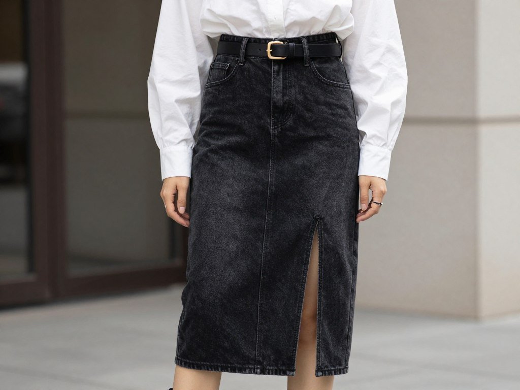 Black denim midi skirt with side slit styled with tucked blouse